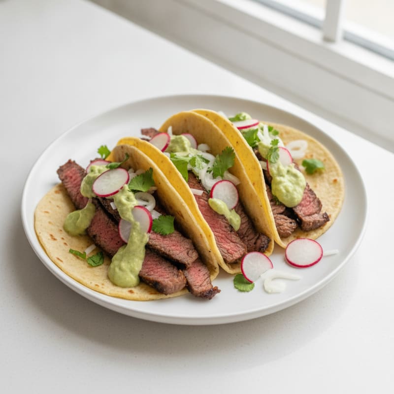 Carne Asada Tacos with Avocado Crema