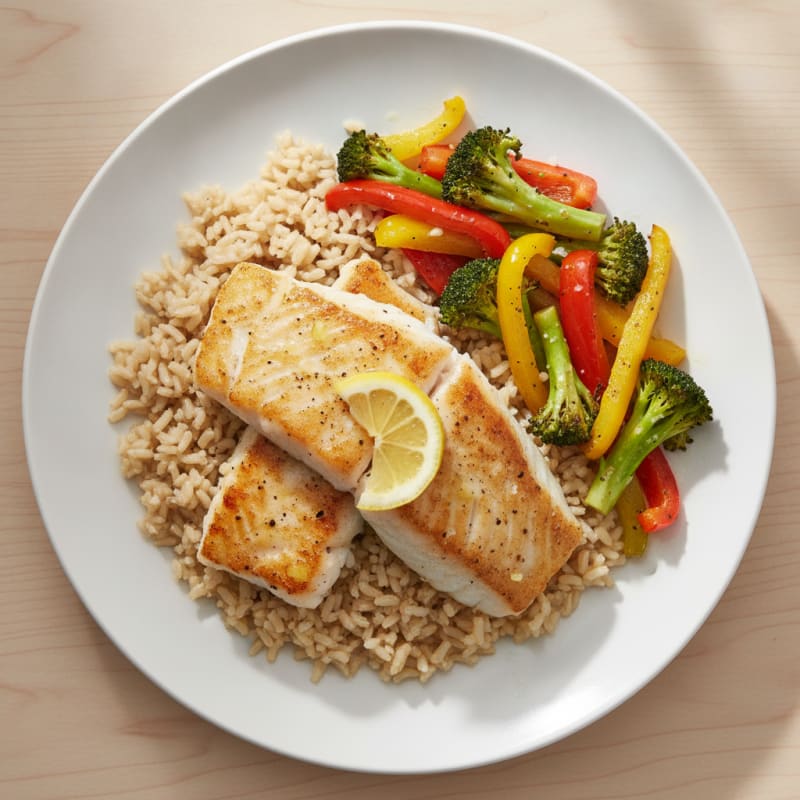 Pan-Seared Cod with Roasted Vegetables and Brown Rice