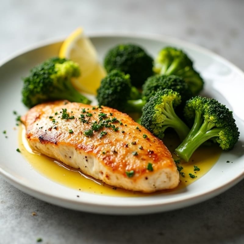 Lemon-Garlic Pan-Seared Chicken Breast with Crispy Roasted Broccoli