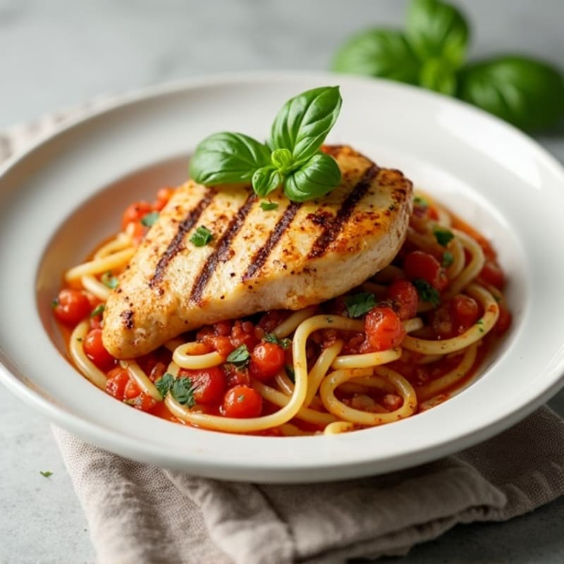 Grilled Chicken Breast with Zucchini Noodle Pasta and Tomato Sauce