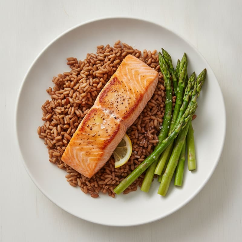 Seared Salmon with Steamed Asparagus and Brown Rice