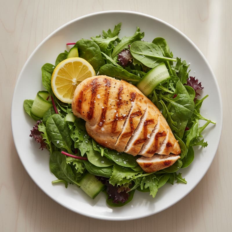 Grilled Chicken Breast Salad with Mixed Greens and Cucumber