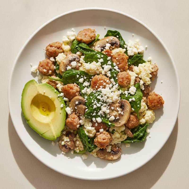 Egg White Spinach Scramble with Turkey Sausage and Sautéed Mushrooms