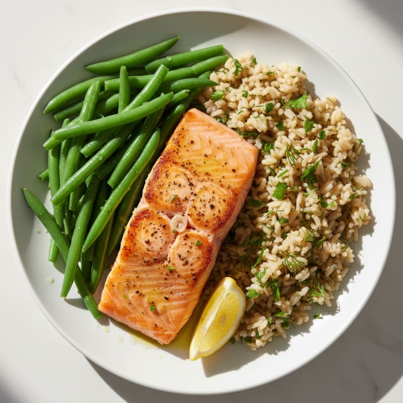 Seared Salmon with Steamed Green Beans and Herbed Brown Rice