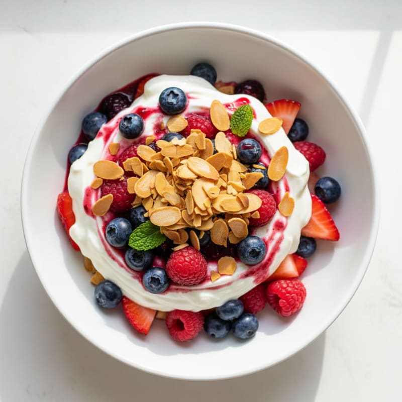 Greek Yogurt Protein Parfait with Mixed Berries and Almonds