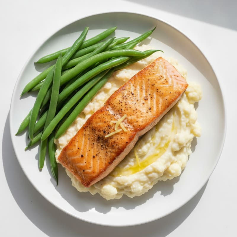Seared Salmon with Steamed Green Beans and Garlic Mashed Cauliflower