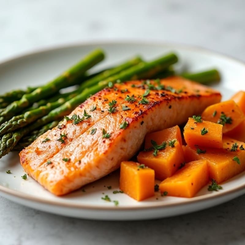Seared Salmon with Roasted Sweet Potatoes and Asparagus