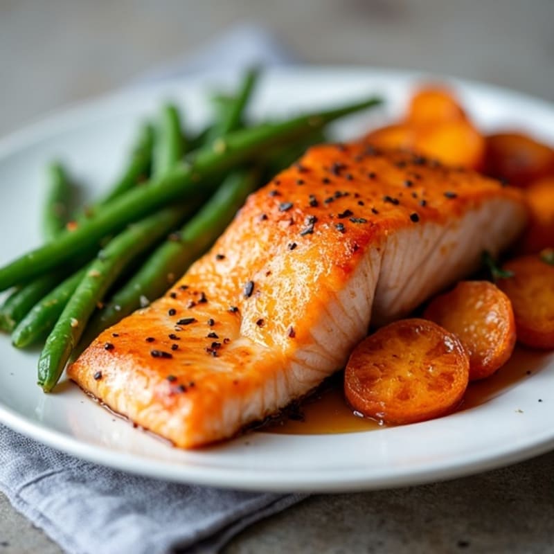 Maple-Glazed Salmon with Roasted Sweet Potatoes and Crispy Green Beans