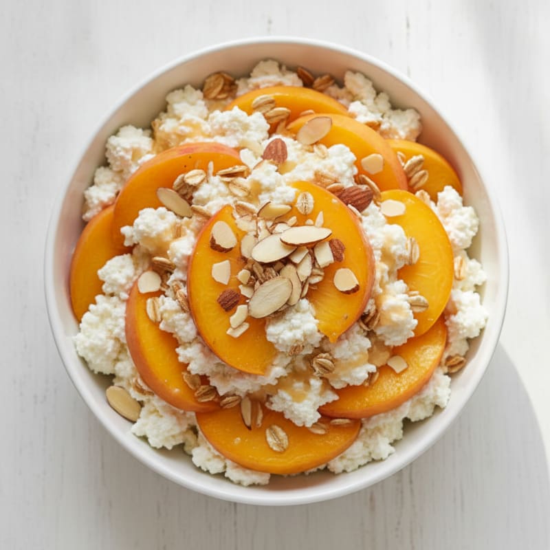 Cottage Cheese Protein Parfait with Sliced Peaches and Almonds