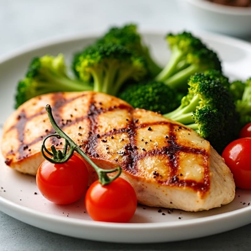 Grilled Chicken Breast with Roasted Broccoli and Cherry Tomatoes