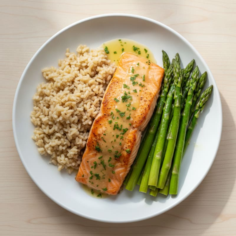 Baked Salmon Fillet with Steamed Asparagus and Brown Rice