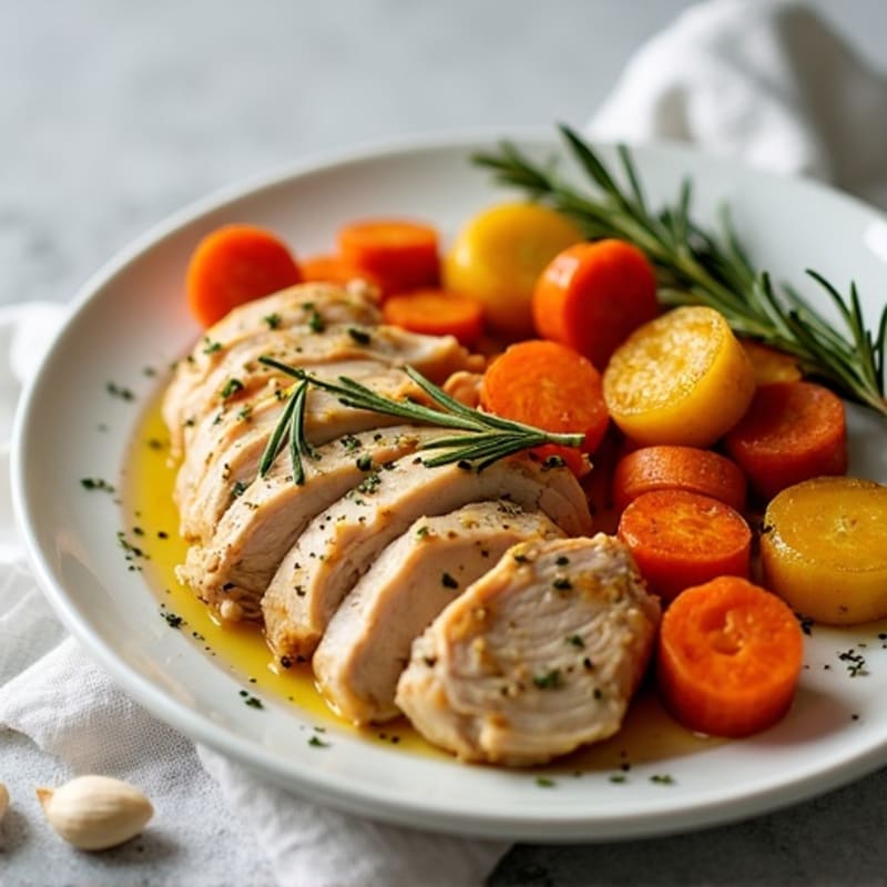 Herb-Roasted Shredded Chicken with Roasted Root Vegetables