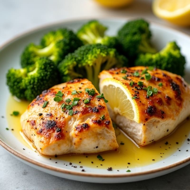 Lemon Garlic Pan Seared Chicken with Roasted Broccoli