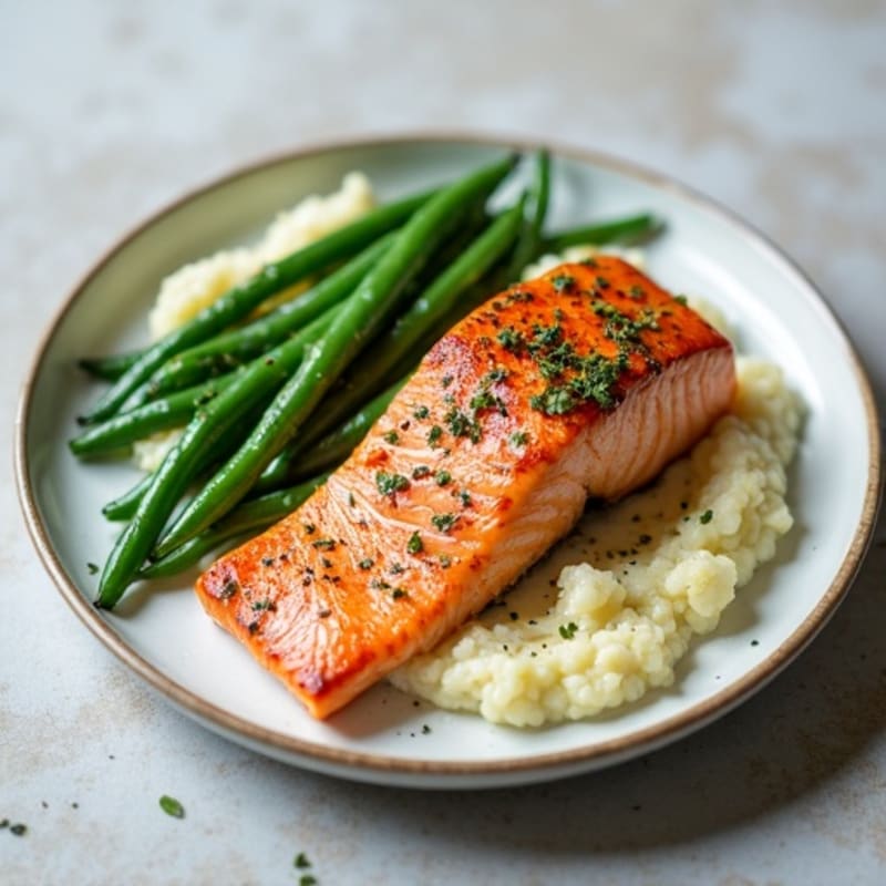 Seared Salmon with Garlic Green Beans and Cauliflower Mash