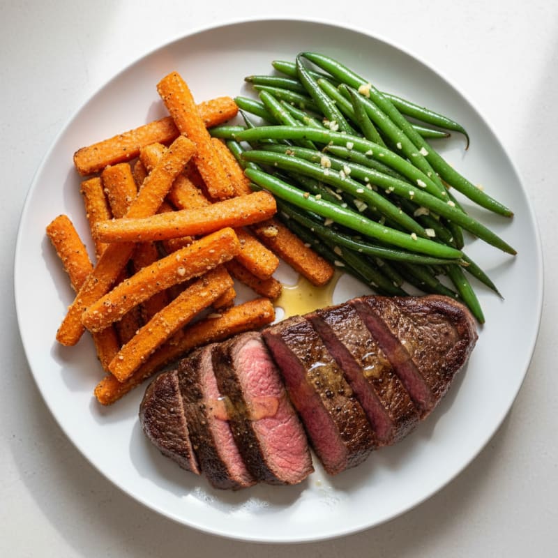 Seared Beef Steak with Garlic Green Beans and Baked Carrot Fries