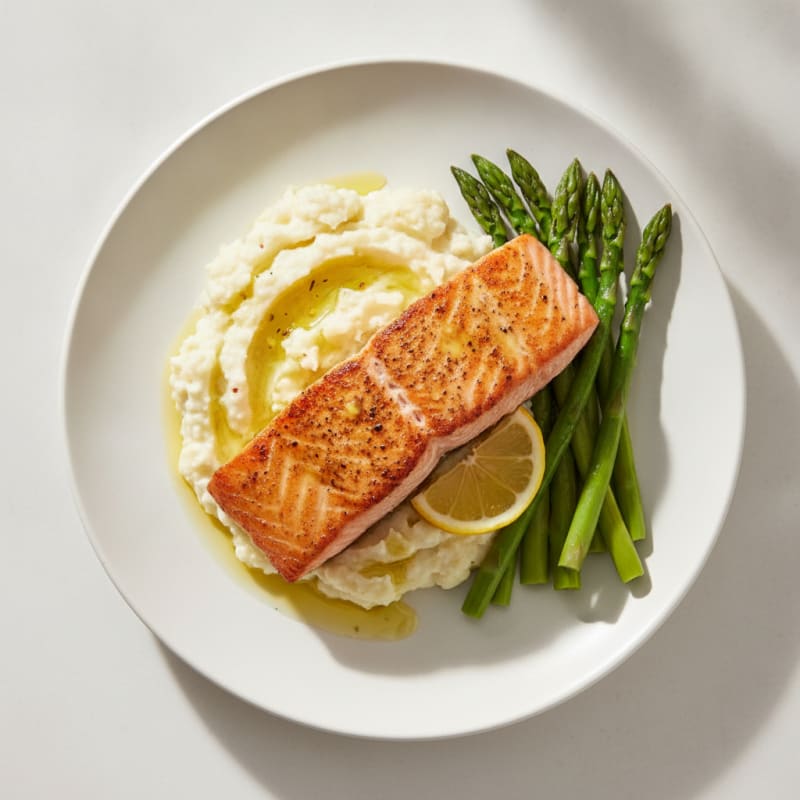 Seared Salmon with Steamed Asparagus and Garlic Mashed Cauliflower