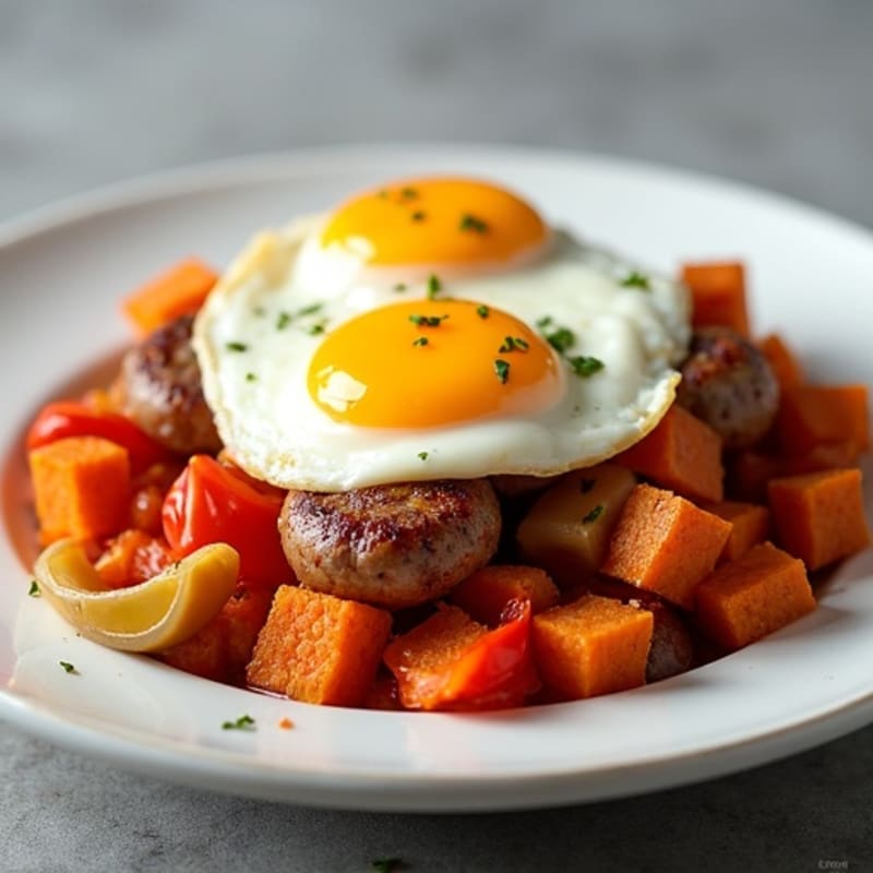 Lean Turkey Sausage and Crispy Sweet Potato Hash with Eggs