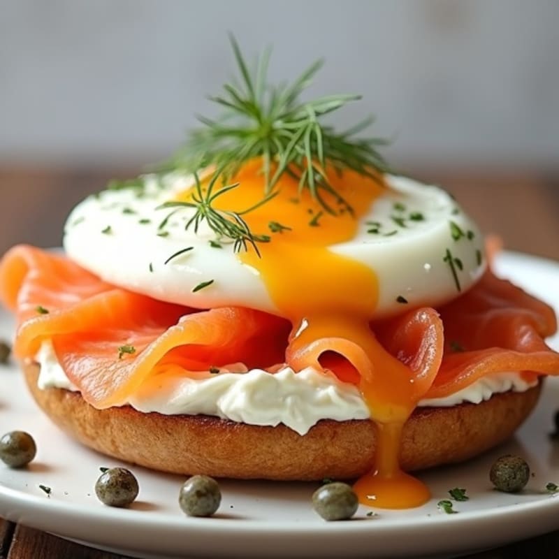 Open-Face Smoked Salmon with Herbed Cream Cheese on Toasted Bagel