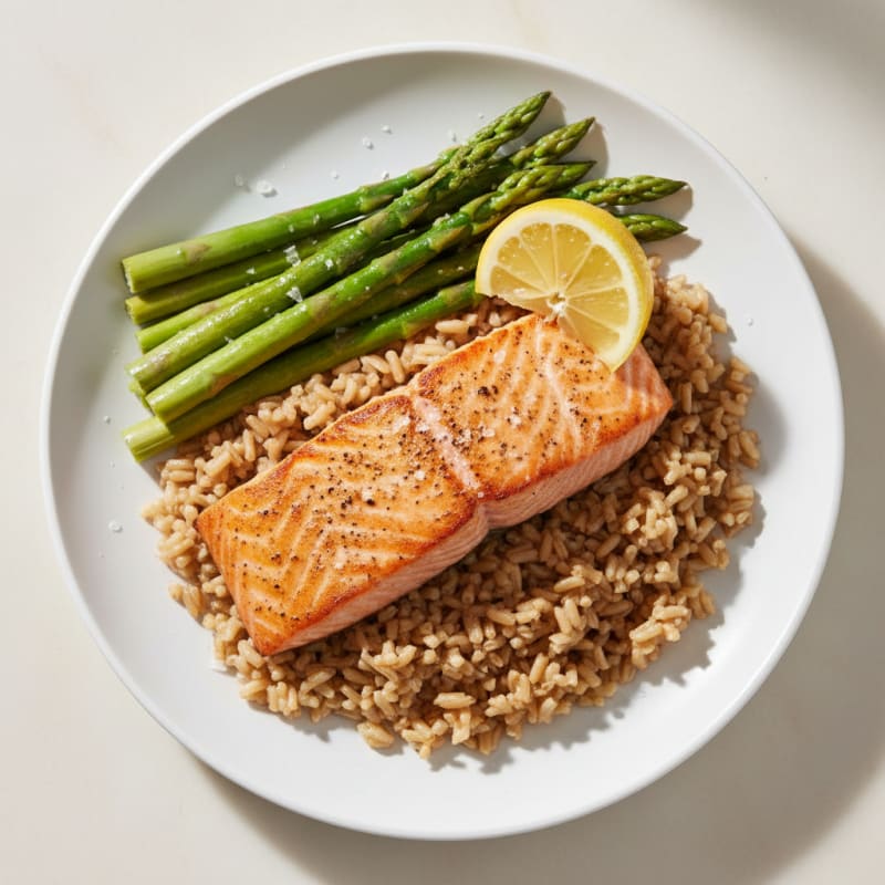 Seared Salmon Fillet with Steamed Asparagus and Brown Rice