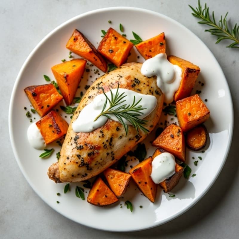 Herb-Roasted Chicken with Roasted Sweet Potatoes and Creamy Probiotic Yogurt Sauce