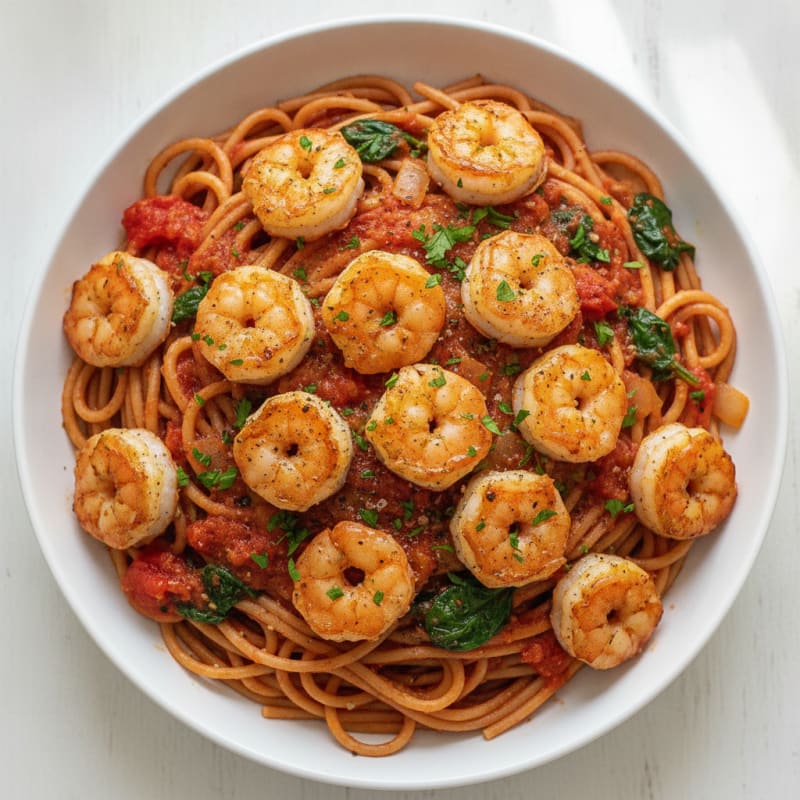 Garlic Shrimp with Zesty Tomato Lentil Spaghetti