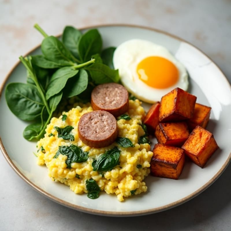 Egg White and Spinach Scramble with Turkey Sausage and Roasted Sweet Potatoes