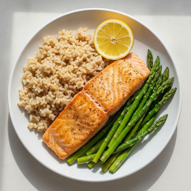 Seared Salmon with Steamed Asparagus and Brown Rice