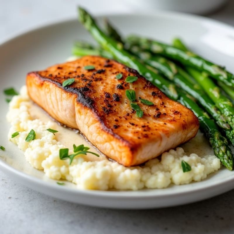 Seared Salmon with Steamed Asparagus and Cauliflower Mash