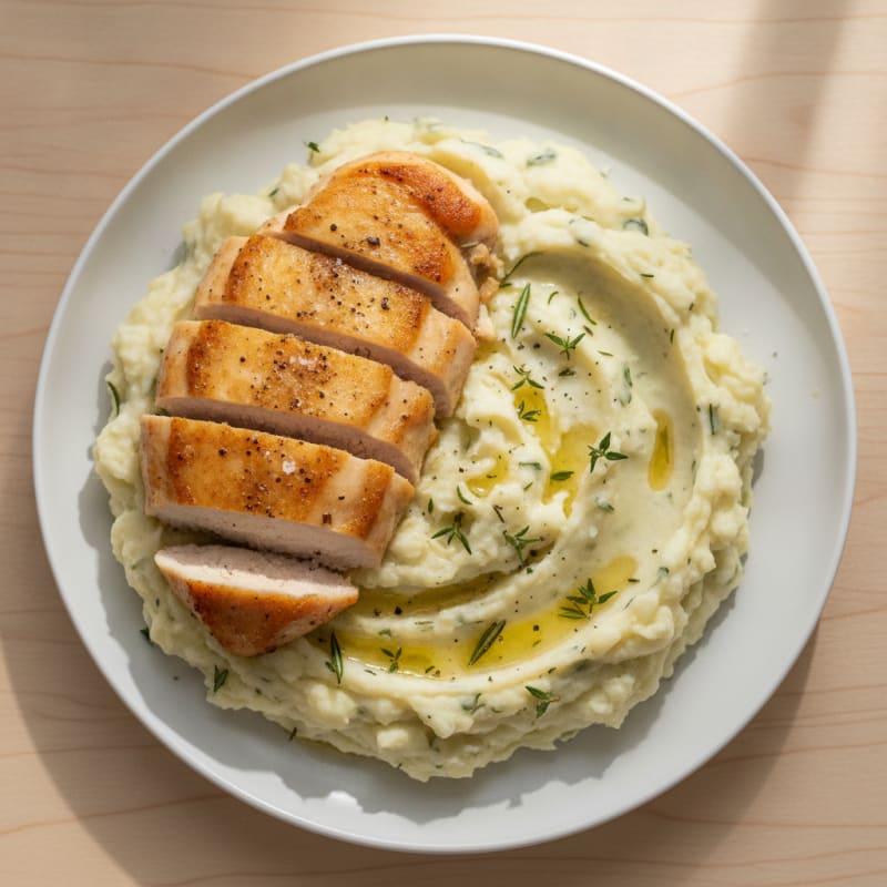 Buttery Garlic Herb Mashed Potatoes with Seared Chicken