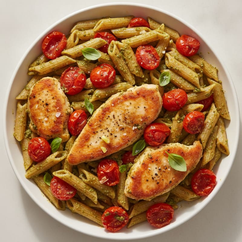 Chicken Pesto Pasta with Blistered Tomatoes