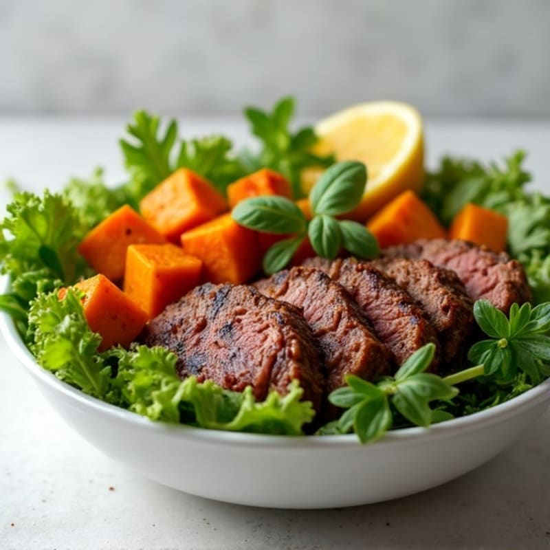 Grilled Steak Burger Bowl with Roasted Sweet Potato and Greens