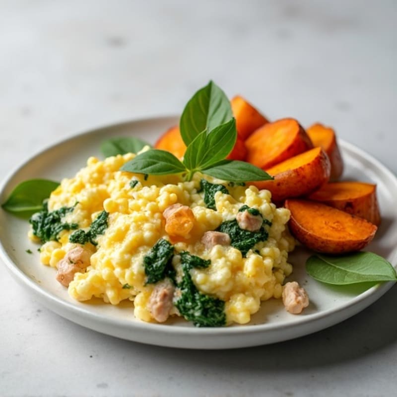 Egg White and Turkey Spinach Scramble with Roasted Sweet Potatoes