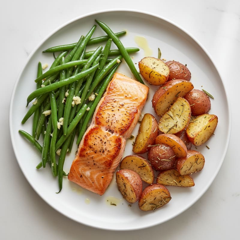 Seared Salmon Fillet with Garlic Green Beans and Herb-Roasted Potatoes