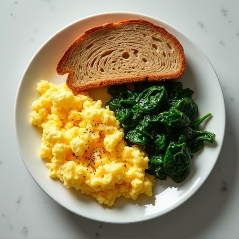Fluffy Scrambled Eggs with Fresh Spinach and Whole Grain Toast
