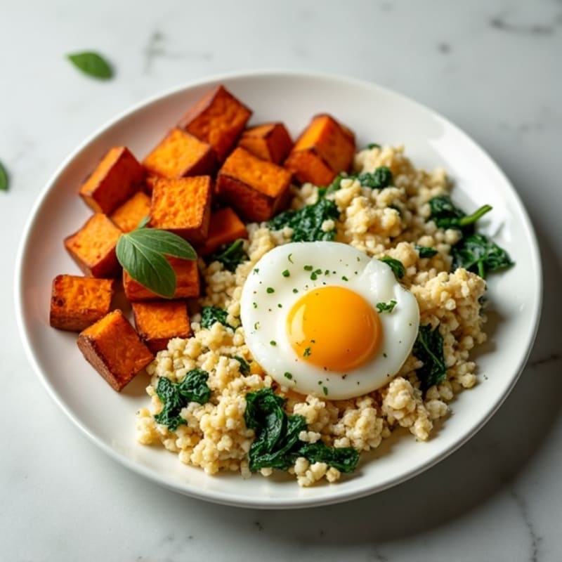 Egg White and Turkey Spinach Scramble with Roasted Sweet Potatoes