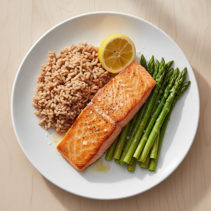 Seared Salmon Fillet with Steamed Asparagus and Brown Rice