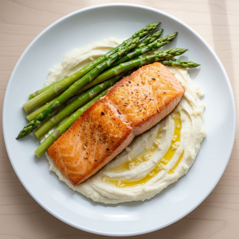 Seared Salmon with Steamed Asparagus and Cauliflower Mash