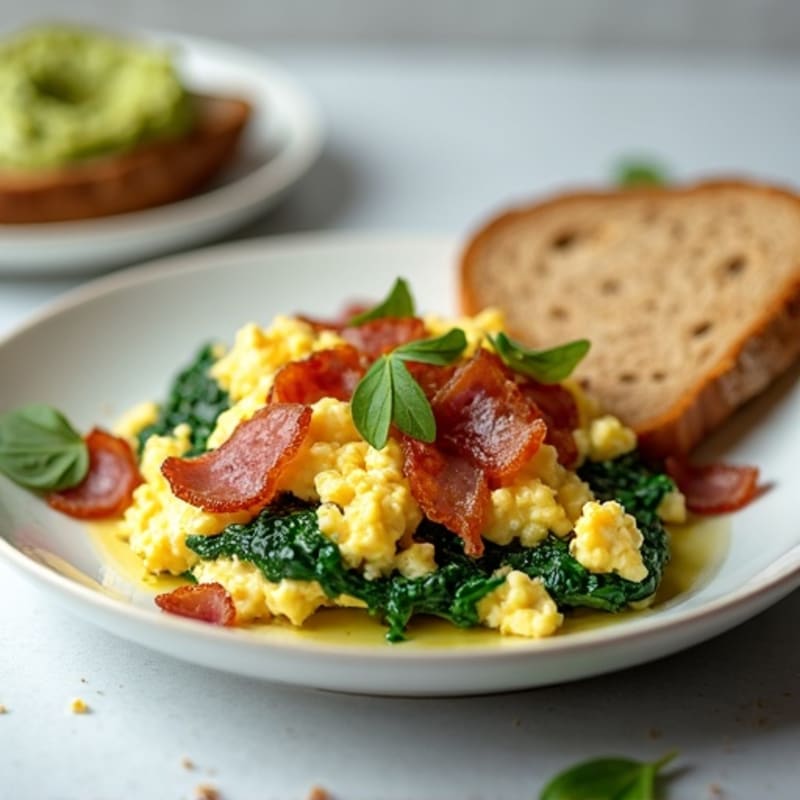 Cottage Cheese and Egg White Scramble with Sautéed Spinach and Turkey Bacon