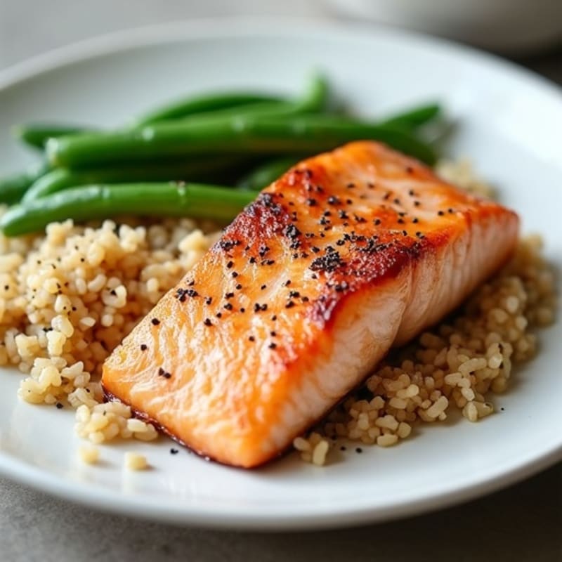 Seared Salmon with Steamed Green Beans and Brown Rice