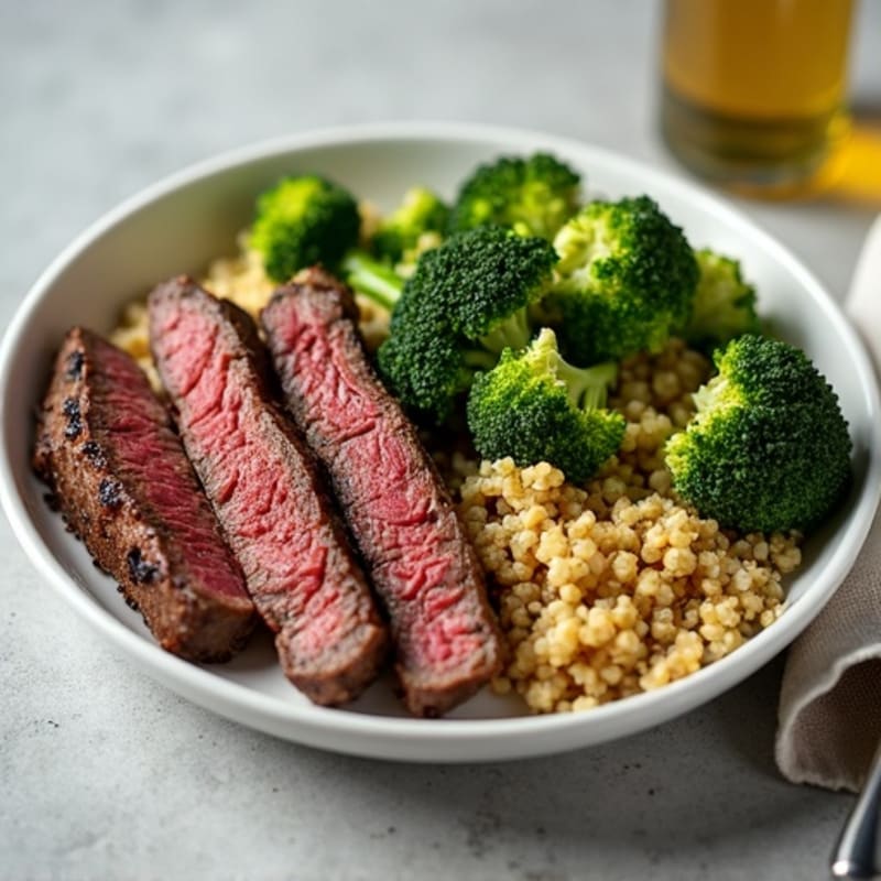 Seared Lean Beef with Roasted Broccoli and Garlic Quinoa