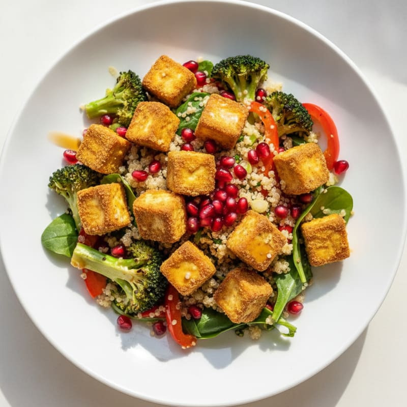 Crispy Tofu and Quinoa Salad with Roasted Vegetables