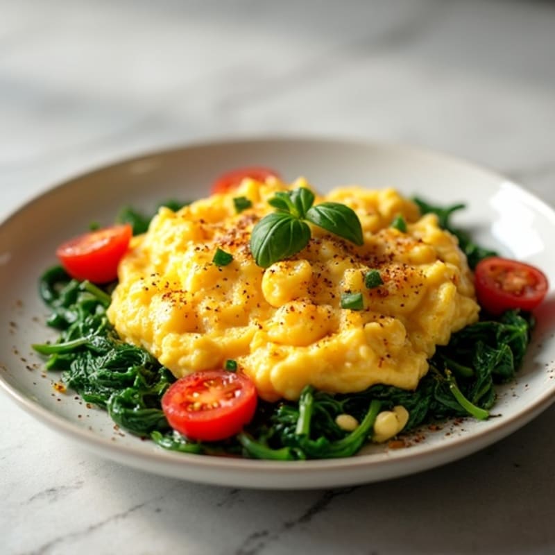Fluffy Scrambled Eggs with Sautéed Spinach and Cherry Tomatoes
