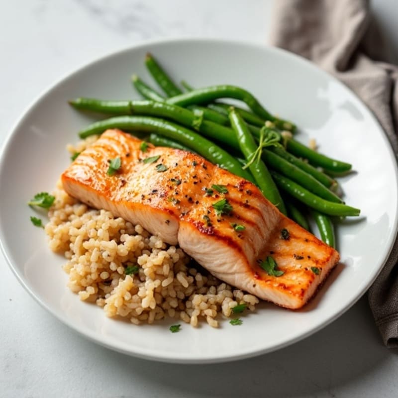 Seared Salmon Fillet with Garlic Green Beans and Brown Rice