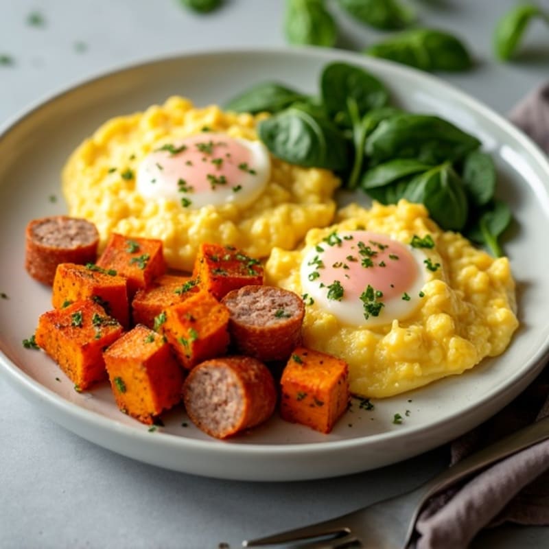 Scrambled Eggs with Crispy Sweet Potato Hash and Fresh Spinach