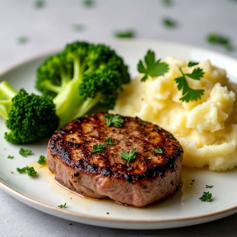 Seared Steak with Garlic Mashed Potatoes and Steamed Broccoli
