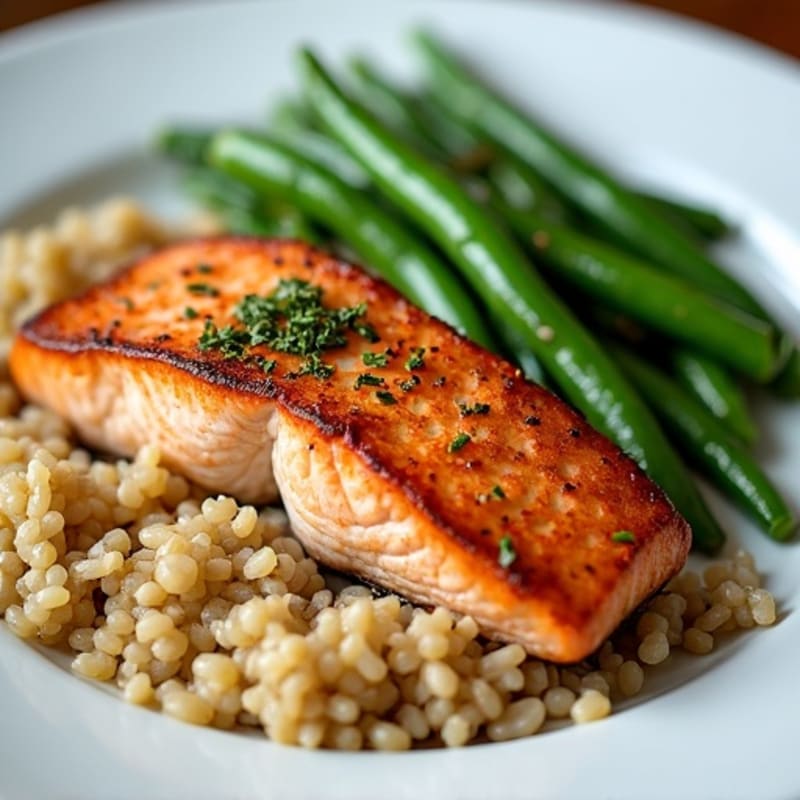 Seared Salmon with Garlic Green Beans and Brown Rice