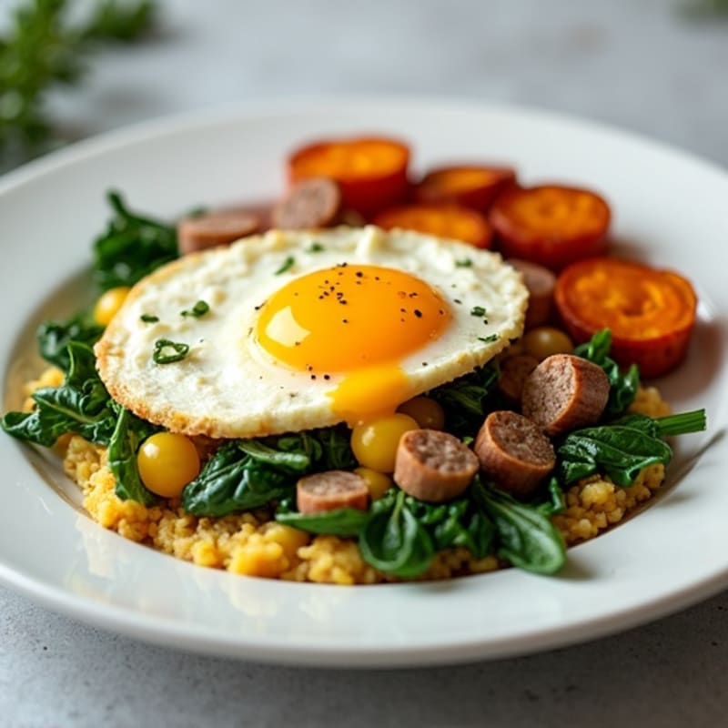 Egg White and Turkey Sausage Scramble with Spinach and Roasted Sweet Potatoes