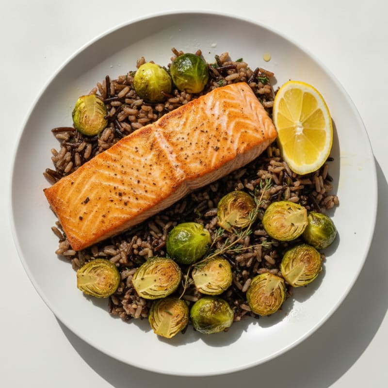 Pan Seared Salmon with Herb-Roasted Brussels Sprouts and Wild Rice