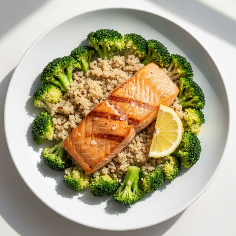 Seared Salmon Fillet with Steamed Broccoli and Quinoa