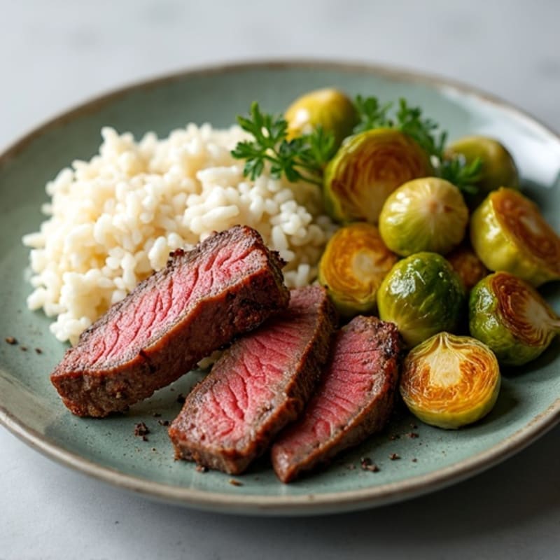 Seared Beef Strips with Steamed Rice and Roasted Brussels Sprouts